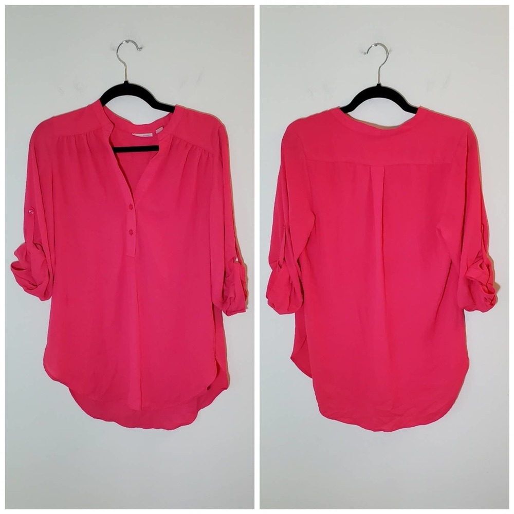 🦄Halogen Barbiecore Bright Hot Pink Airy Blouse w/ Roll-Up Sleeves - Size XS